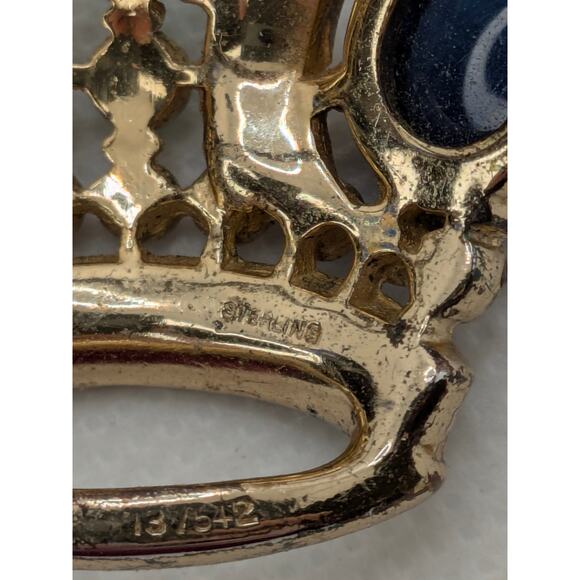 1944 TRIFARI VERMEIL STERLING RUBY CABOCHON SAPPHIRE ROYAL KING CROWN BROOCH - Picture 5 of 7